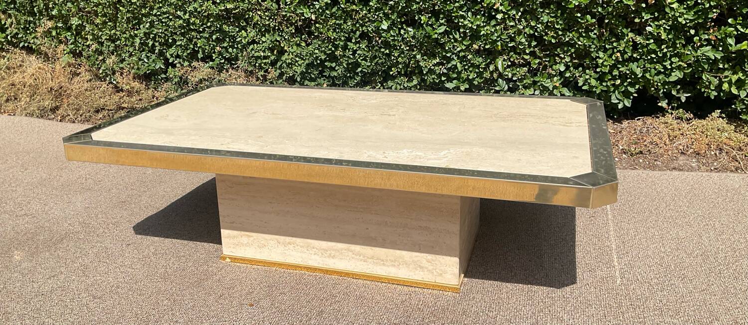 Vintage coffee table in travertine and brass.