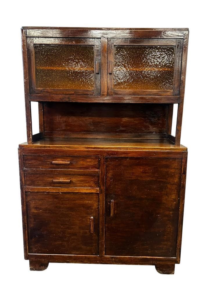 Vintage wooden display cabinet with yellow glass.