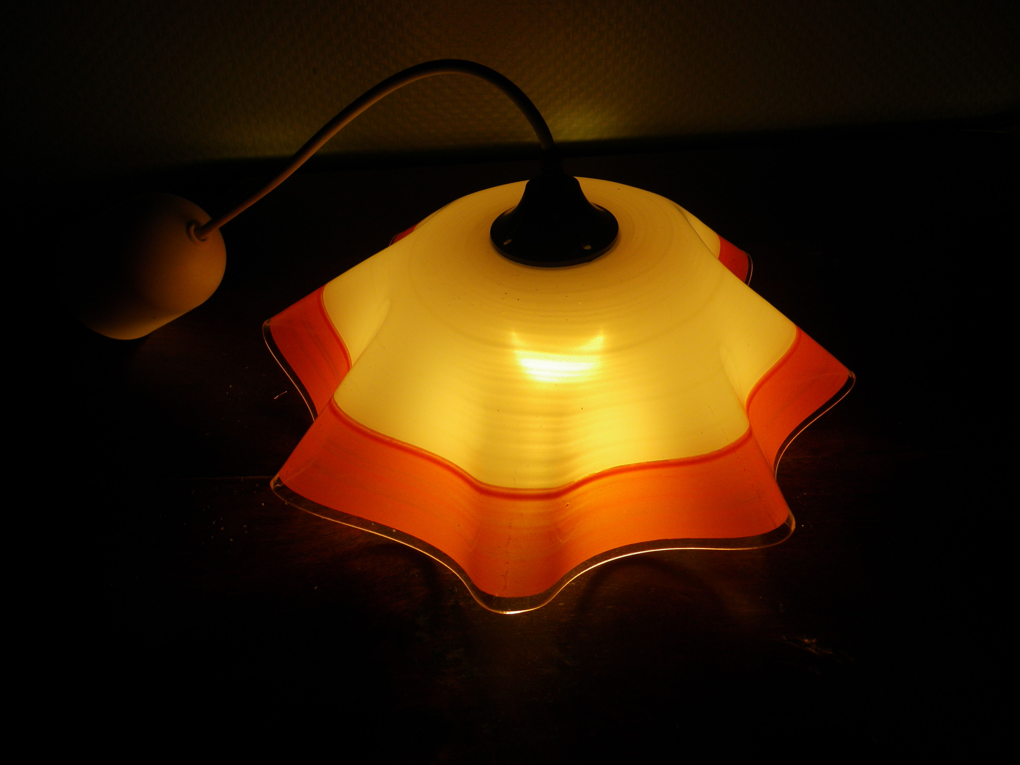 Berlingot pendant lamp from the 60s, white, orange and transparent glass