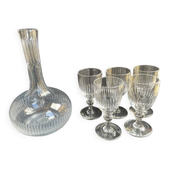 Decanter and 6 crystal cut glasses XIXth