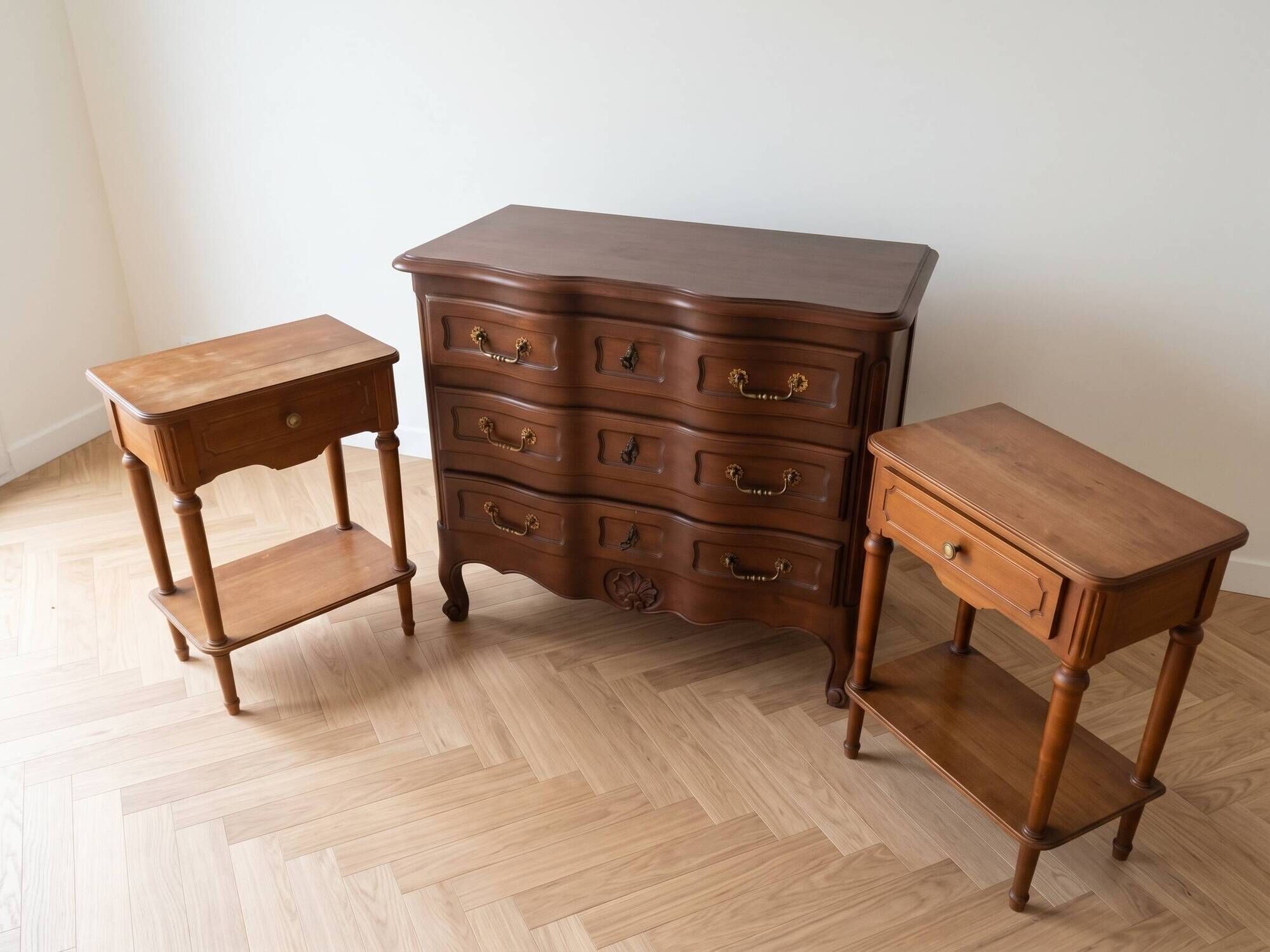 Louis XV style dresser and 2 bedside tables in solid cherry wood.