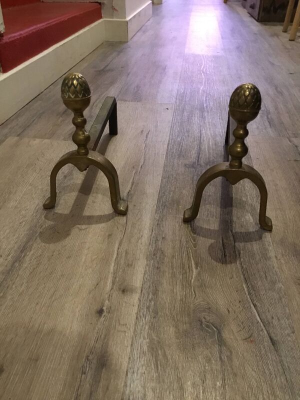 Chenets de cheminée néoclassique pomme de pin bronze