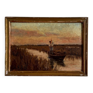 Huile sur panneau pêcheur