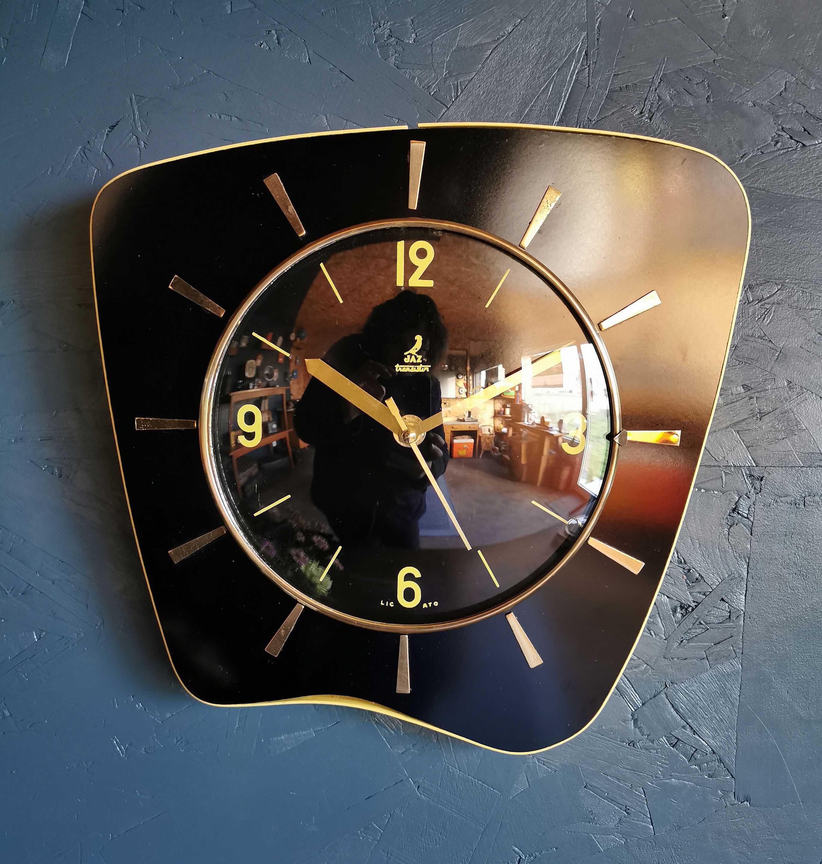 Vintage formica clock asymmetrical silent wall clock "Jaz black yellow"