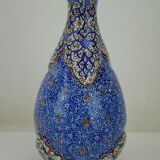 Piriform vase with a flared metal collar enamelled with a polychrome decoration, marked "Amini Iran" on the reverse.