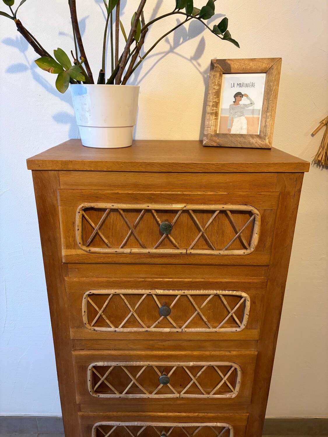 Vintage oak and rattan chest of drawers