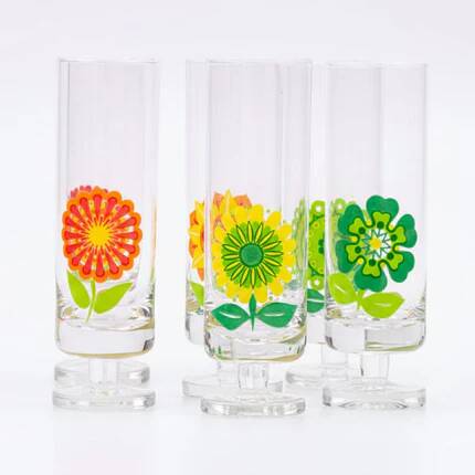 Set of 6 vintage pop art glasses with multicoloured flowers - 1970s