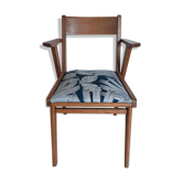 Fauteuil bridge en bois vernis pieds compas  vintage français, années 50