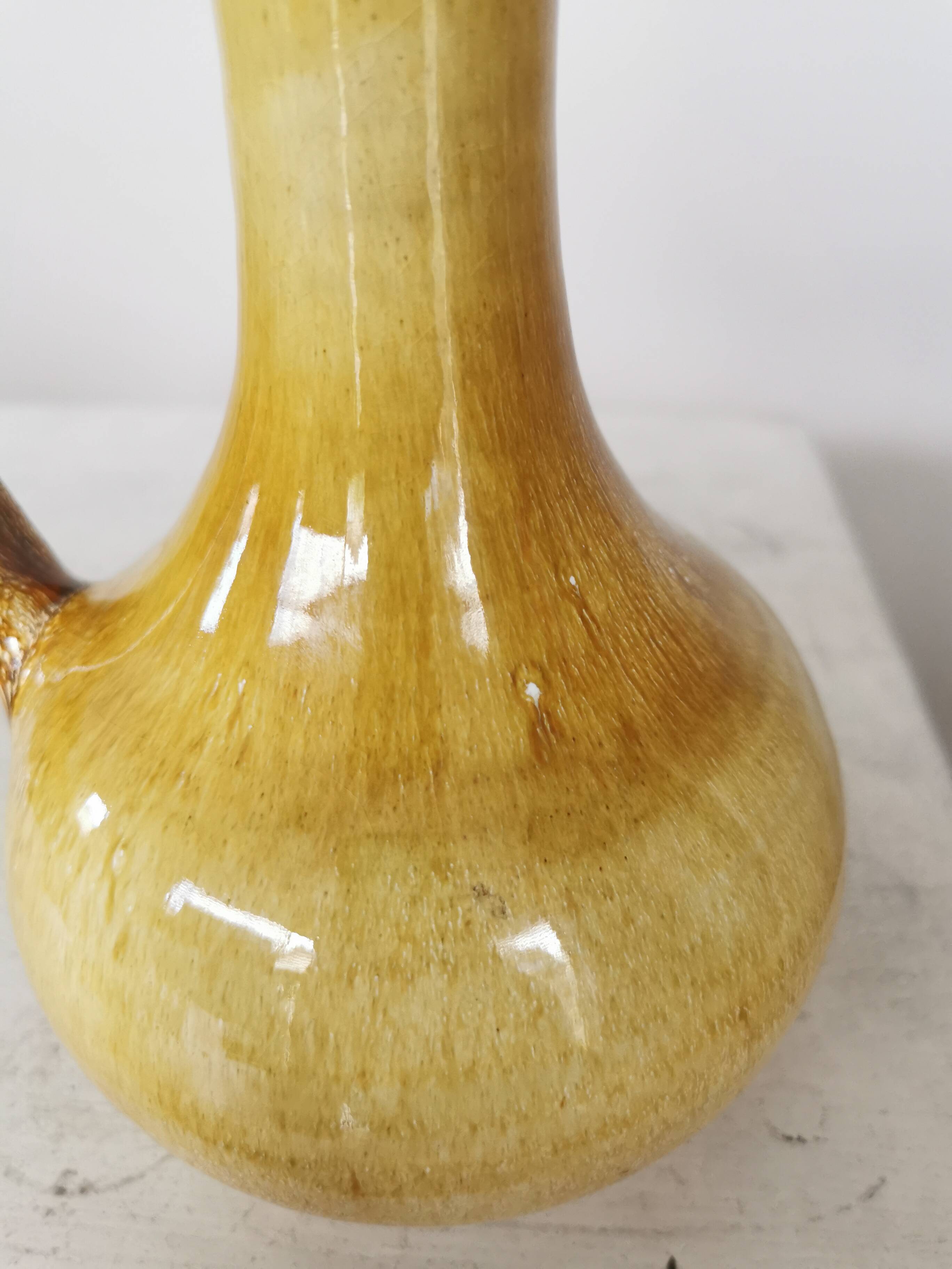 Handmade Ceramic Pitcher: 1970s LKC Pottery, Yellow Brown Glaze