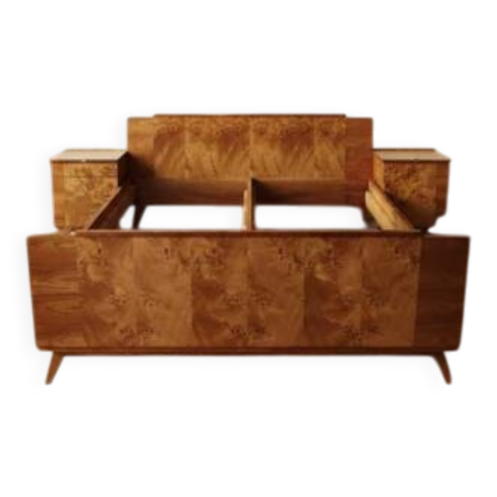 Vintage Czechoslovak bedroom set with burl veneer, bed and pair of nightstands, mid-20th century, 180 × 195 cm