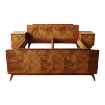 Vintage Czechoslovak bedroom set with burl veneer, bed and pair of nightstands, mid-20th century, 180 × 195 cm