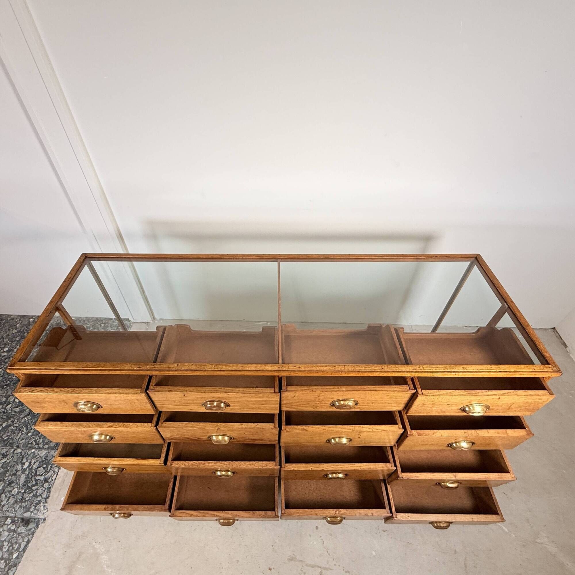 Solid Oak Haberdashery Glass Showcase with 16 Drawers – ca. 1940s