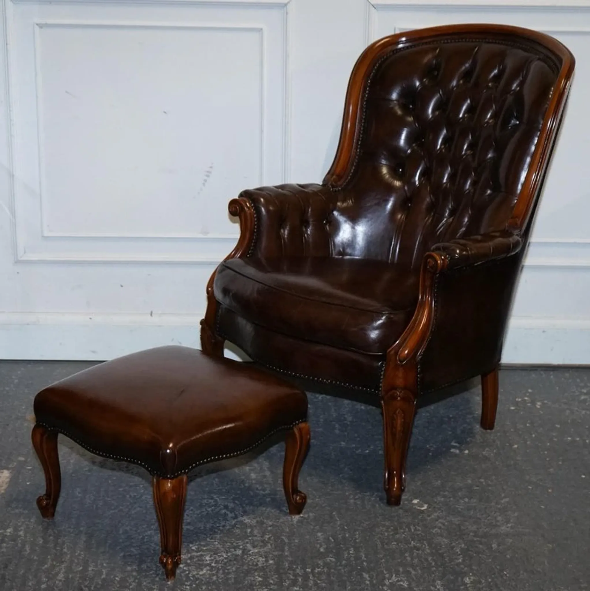 Victorian Chesterfield Leather Dyed Armchair and Ottoman Set
