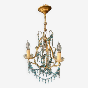 Antique chandelier in gilded brass and blue glass pendants, 1930