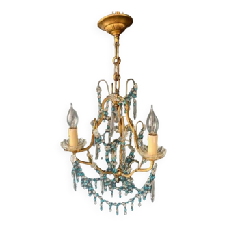 Lustre ancien en laiton doré et pampilles de verre bleu, 1930