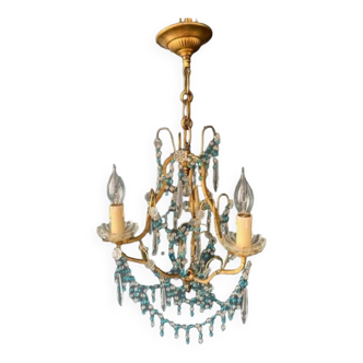 Antique chandelier in gilded brass and blue glass pendants, 1930