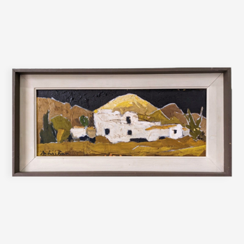 Peinture à l’huile suédoise moderne du milieu du siècle « White Village » Paysage encadré vintage