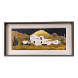 Mid-Century Modern Swedish Oil Painting "White Village" Vintage Framed Landscape