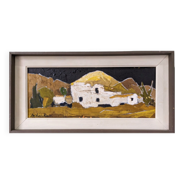 Mid-Century Modern Swedish Oil Painting "White Village" Vintage Framed Landscape