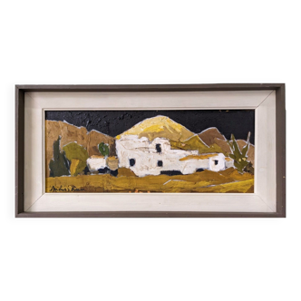 Peinture à l’huile suédoise moderne du milieu du siècle « White Village » Paysage encadré vintage