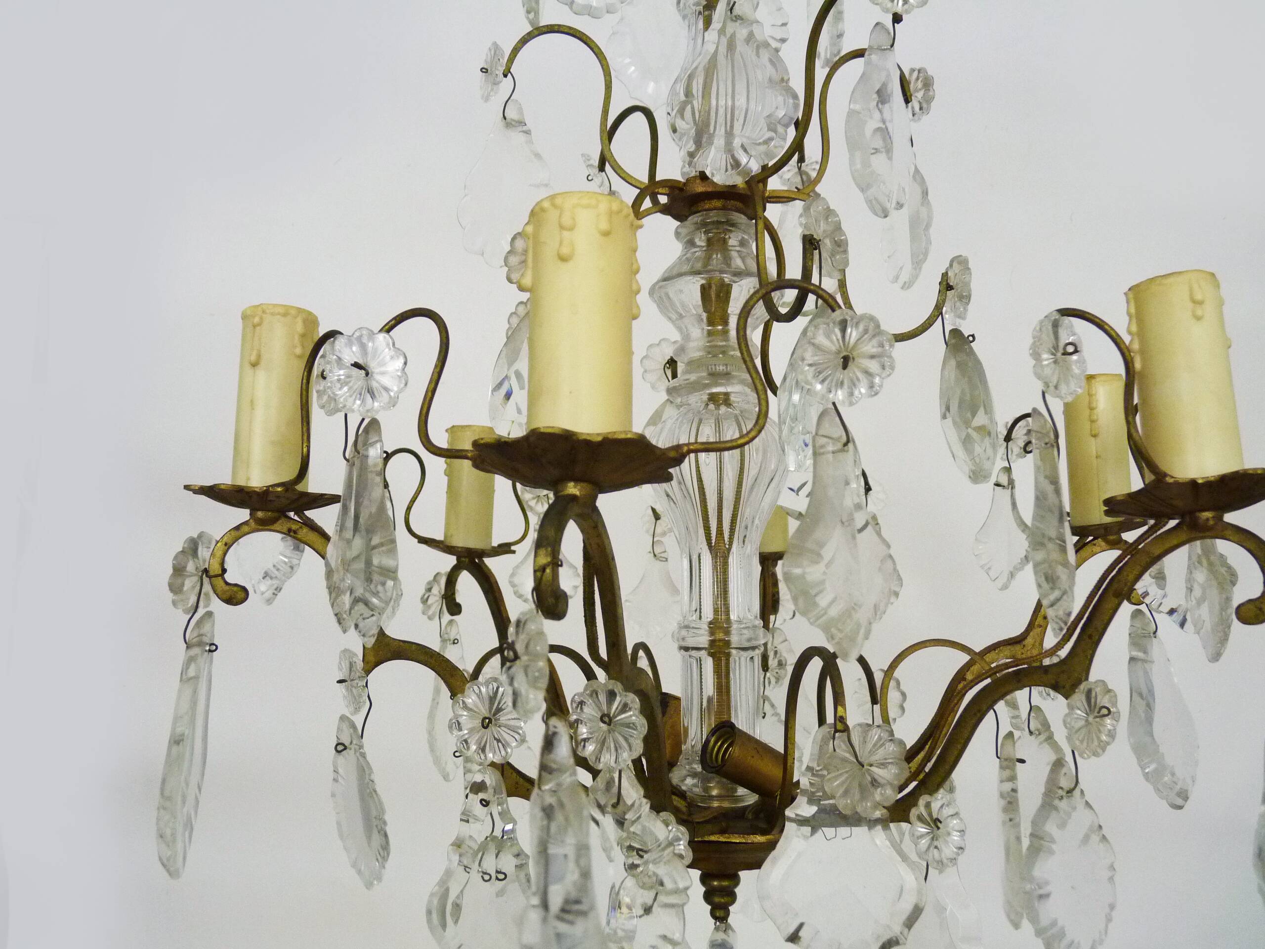 Vintage 8-light chandelier with glass pendants. 1960s.