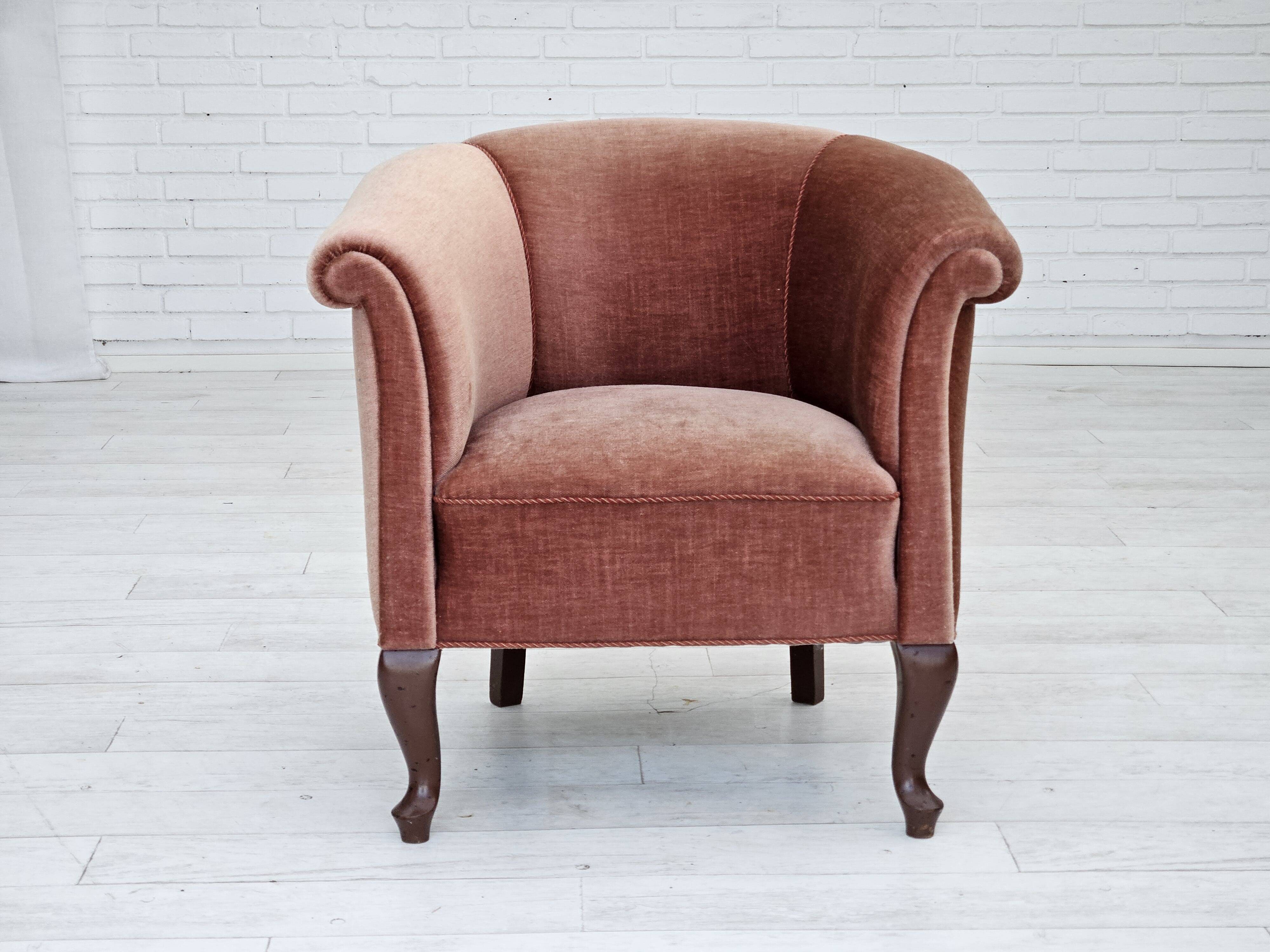 1960s, Danish lounge chair, salmon pink furniture velour, ash wood legs.