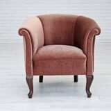 1960s, Danish lounge chair, salmon pink furniture velour, ash wood legs.