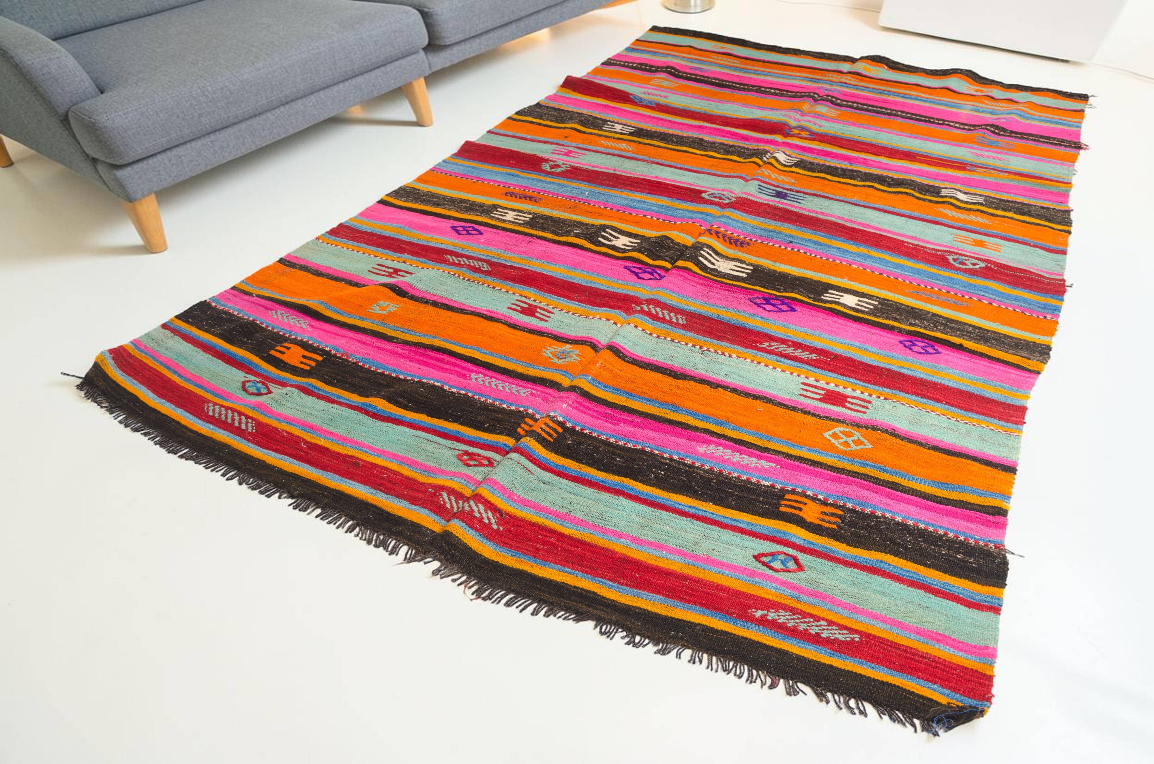 Vibrant Vintage Anatolian Kilim,Hand-Woven Wool & Cotton Rug – sku 137