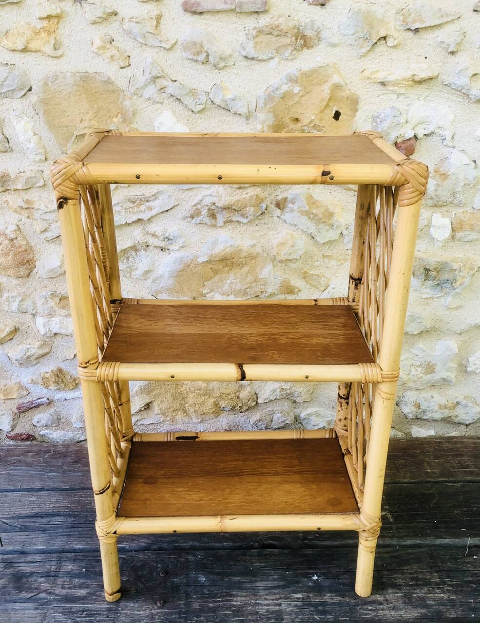 Wall shelf blond wood, bamboo, vintage rattan