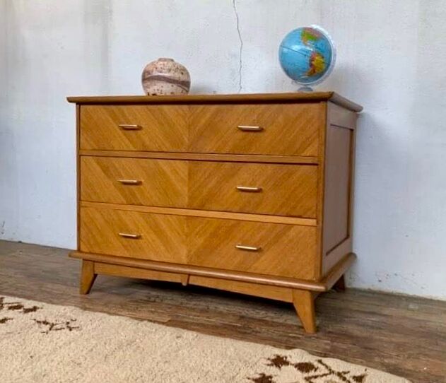 Commode vintage à 3 tiroirs pieds compas en chêne clair