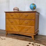 Commode vintage à 3 tiroirs pieds compas en chêne clair