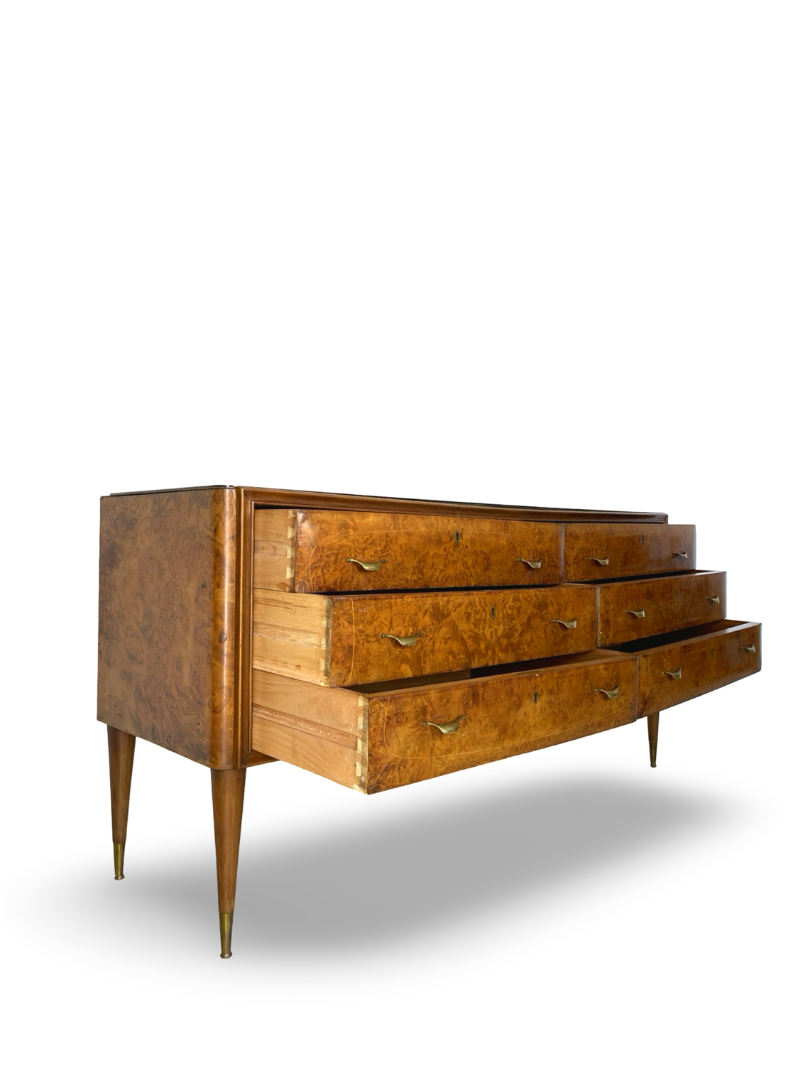 Veneered burl walnut chest of drawers with light warm brown glass top