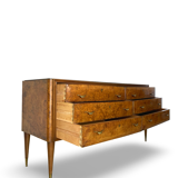 Veneered burl walnut chest of drawers with light warm brown glass top