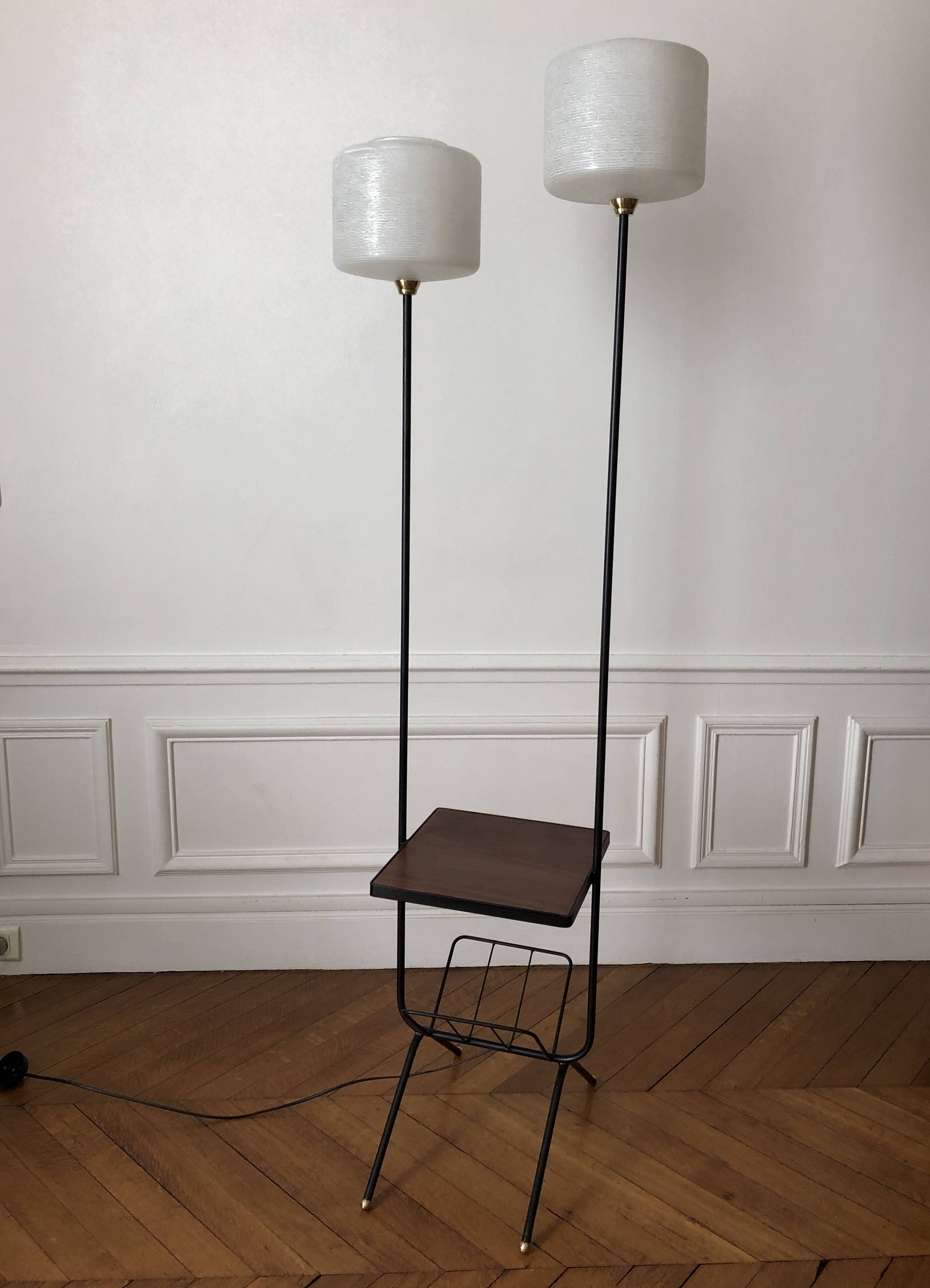 1950s-60s floor lamp with 2 lights - shelf - magazine holder