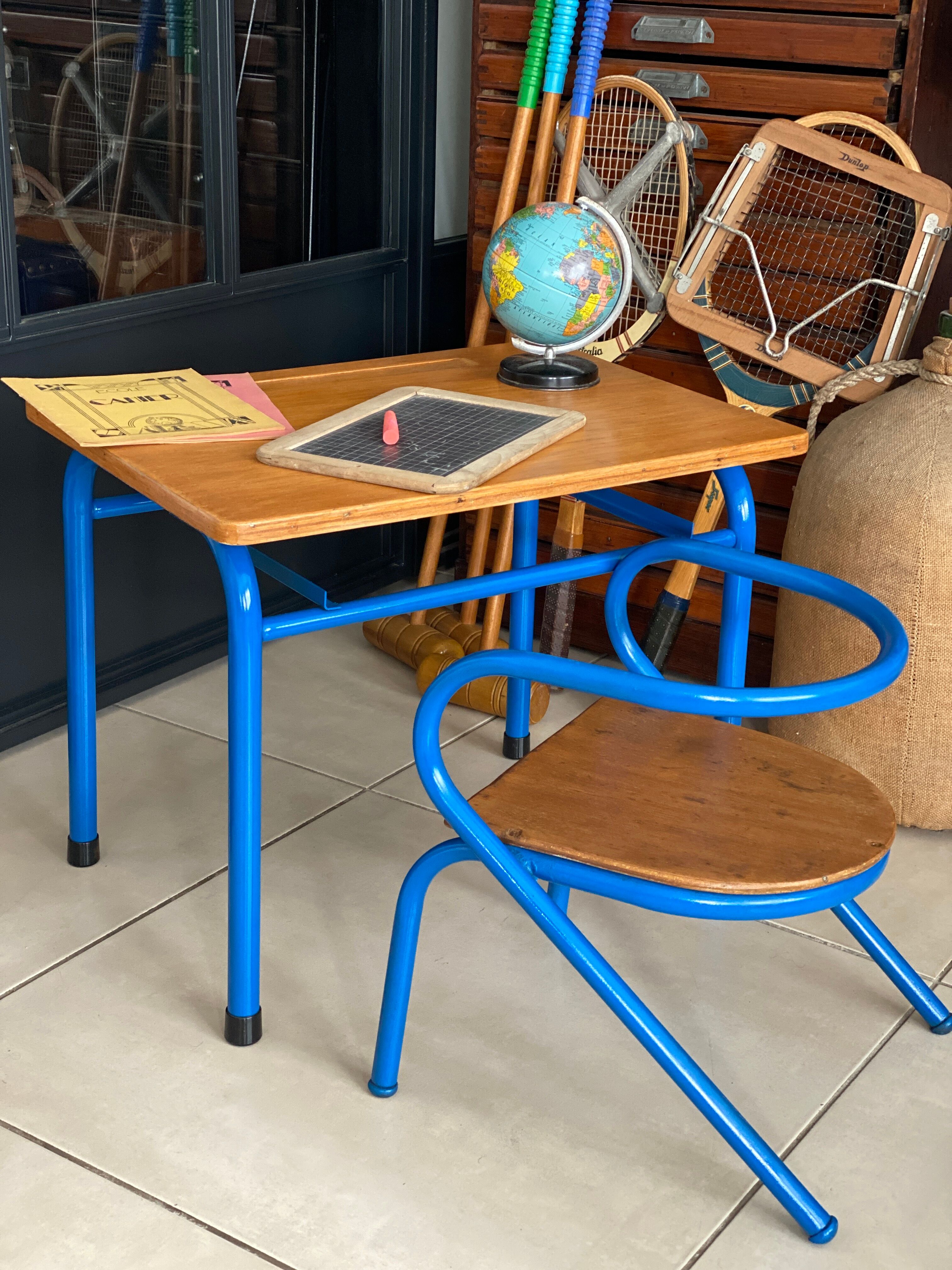 Blue desk and school chair set  design Jacques Hitier