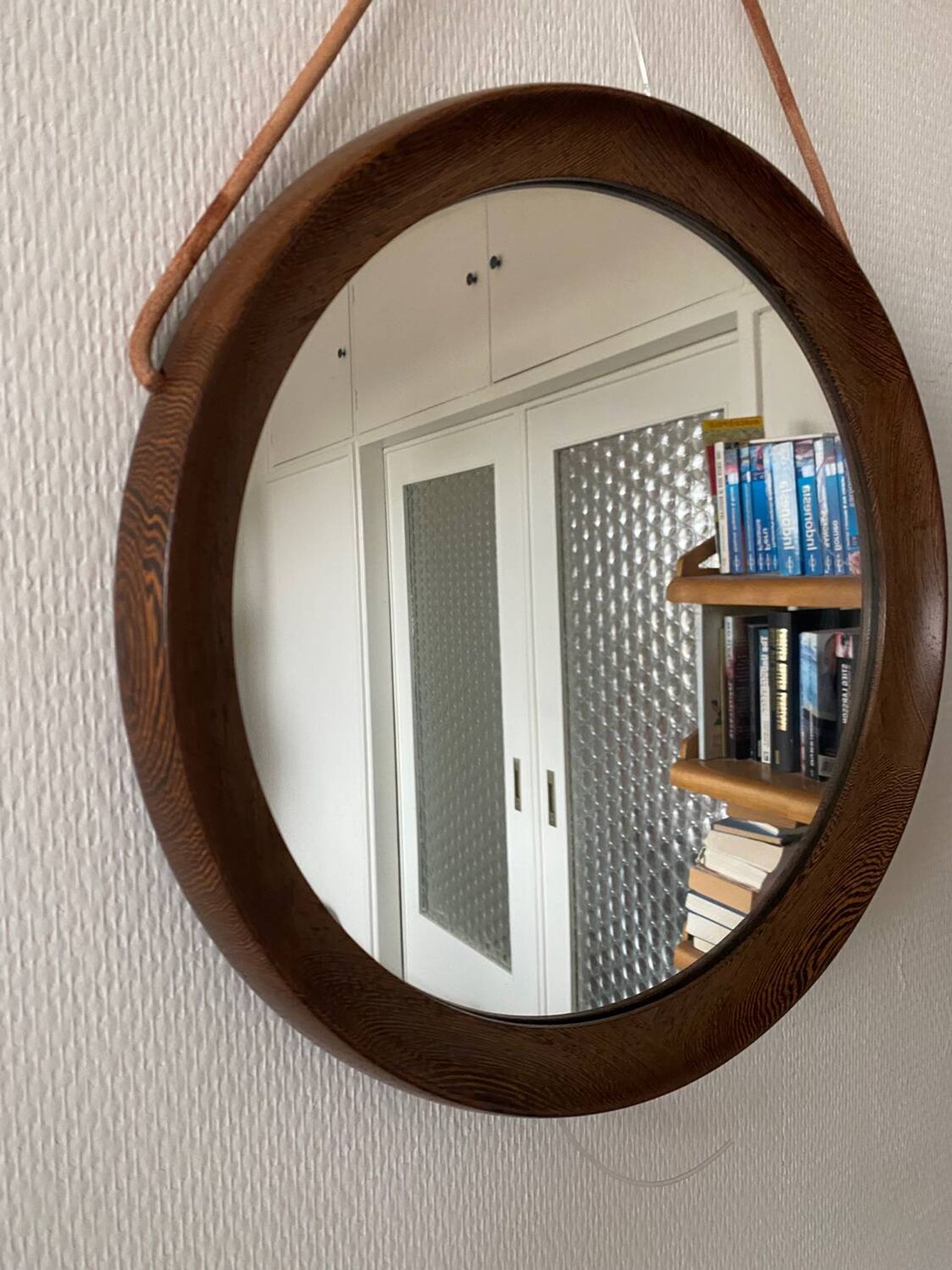 Mid-Century Scandinavian Round Wenge Wood Mirror with Leather Strap, 1950s