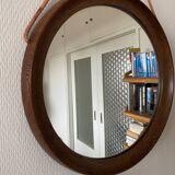 Mid-Century Scandinavian Round Wenge Wood Mirror with Leather Strap, 1950s