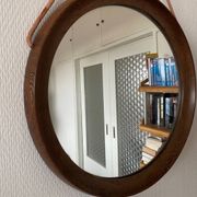 Mid-Century Scandinavian Round Wenge Wood Mirror with Leather Strap, 1950s