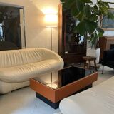Caramel leather and black glass coffee table