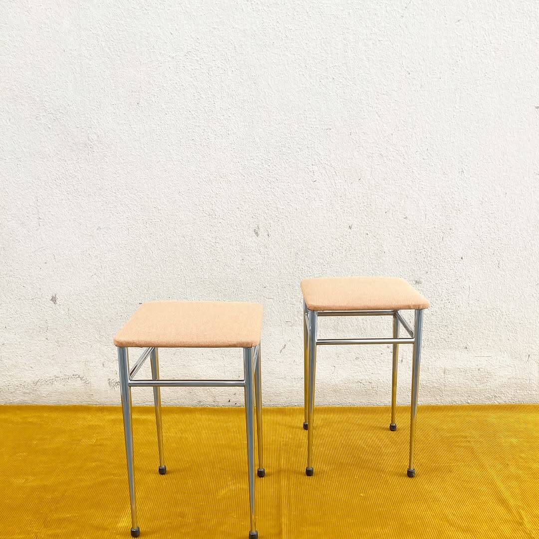 Pair of vintage stools - peach fuzz fabric seat and chrome frame