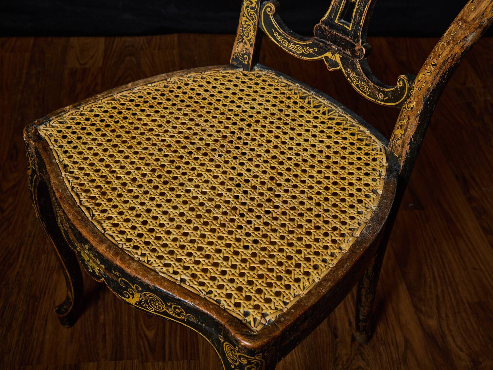 Antique black and gold lacquered chair – Napoleon III style – caned seat