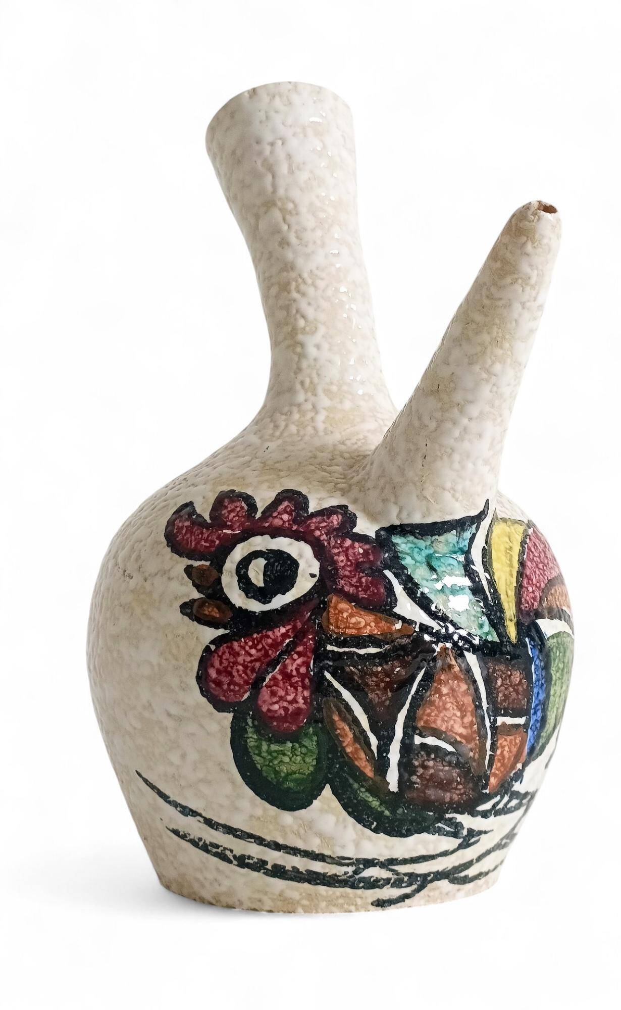 Vintage Spanish Ceramic Porrón, Hand-Painted Rooster, 1960s
