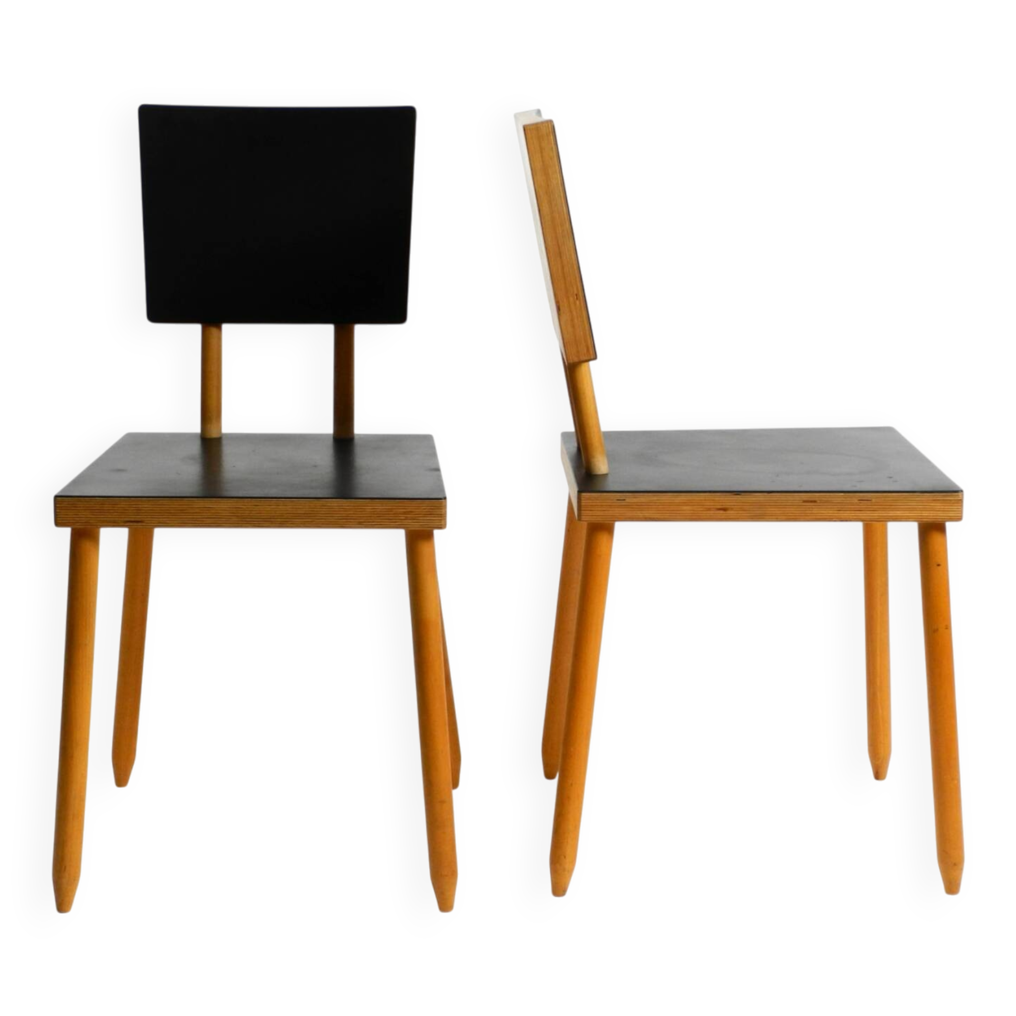 Two rare demountable plywood chairs by Axel Kufus model Stöcke for Atoll