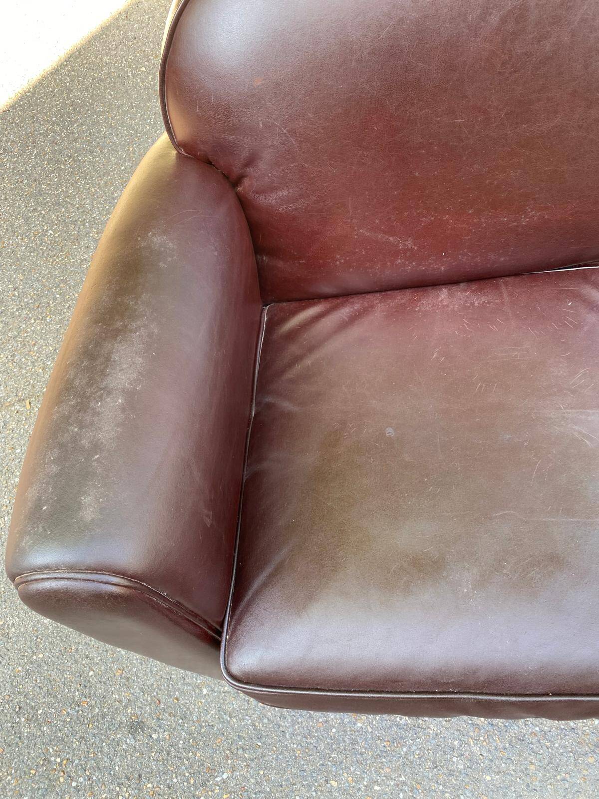 Burgundy brown leather living room sofa and club chair