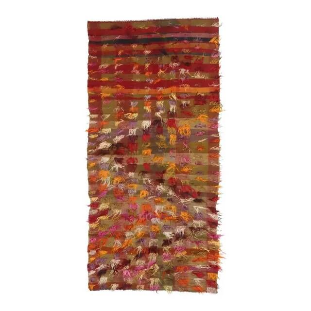 Vintage Turkish Hand-Knotted Wool Cotton Red Kilim Runner Rug 103x220