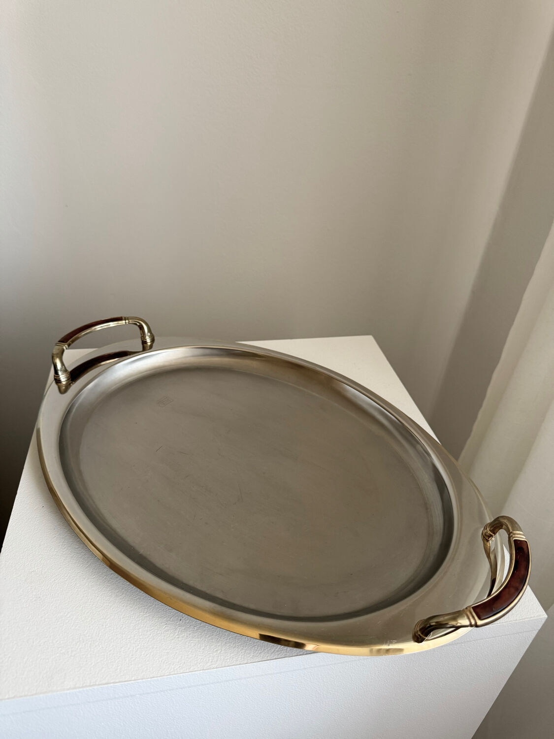 Vintage Stainless Steel Serving Tray With Gold Plated Handles