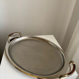 Vintage Stainless Steel Serving Tray With Gold Plated Handles