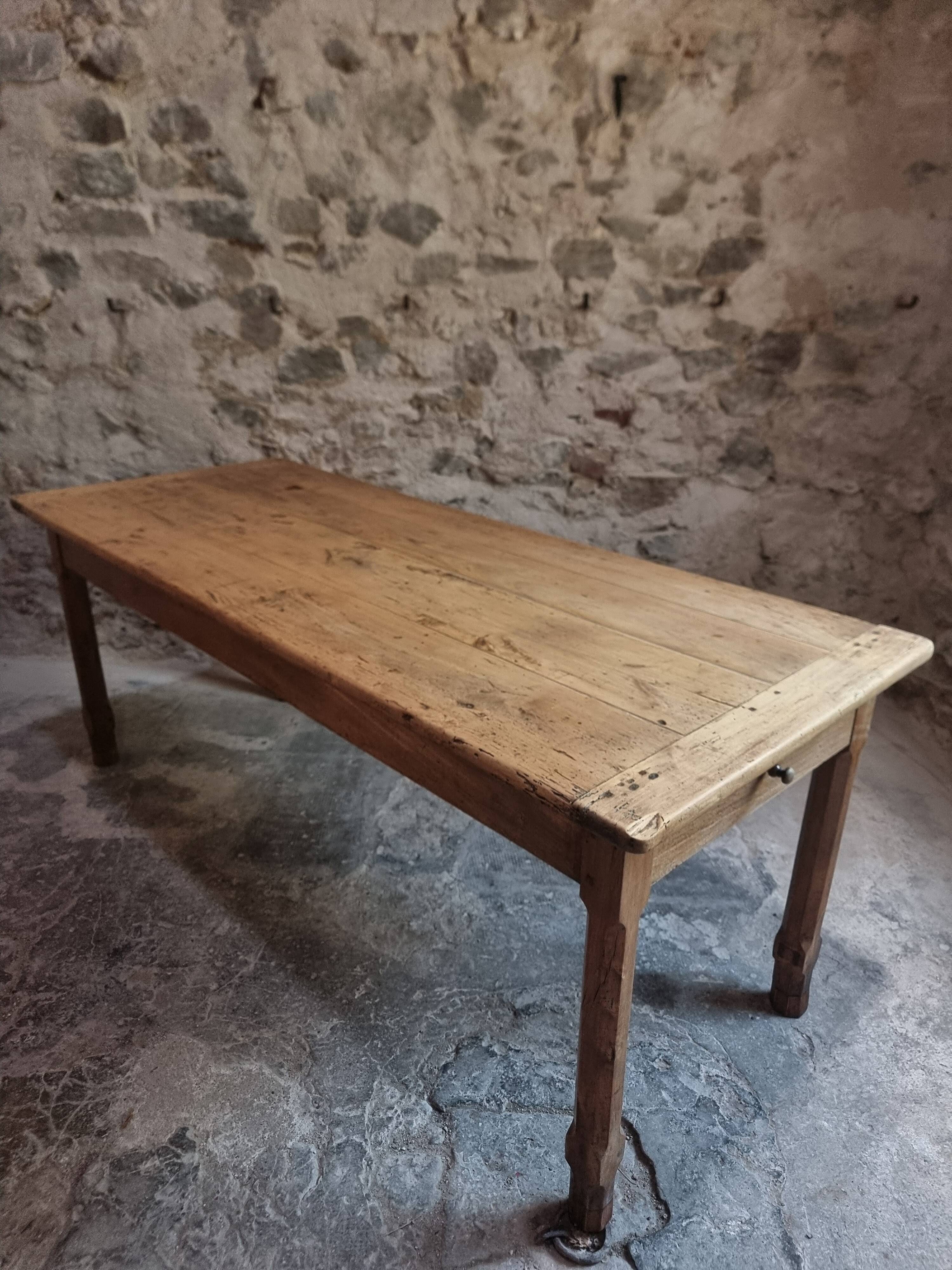 Old farmhouse dining table, rustic kitchen, poplar top, chestnut base, two drawers, 1800–1850.