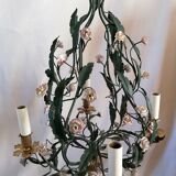 Lustre cage tôle et fleurs émaillées 19ème siècle