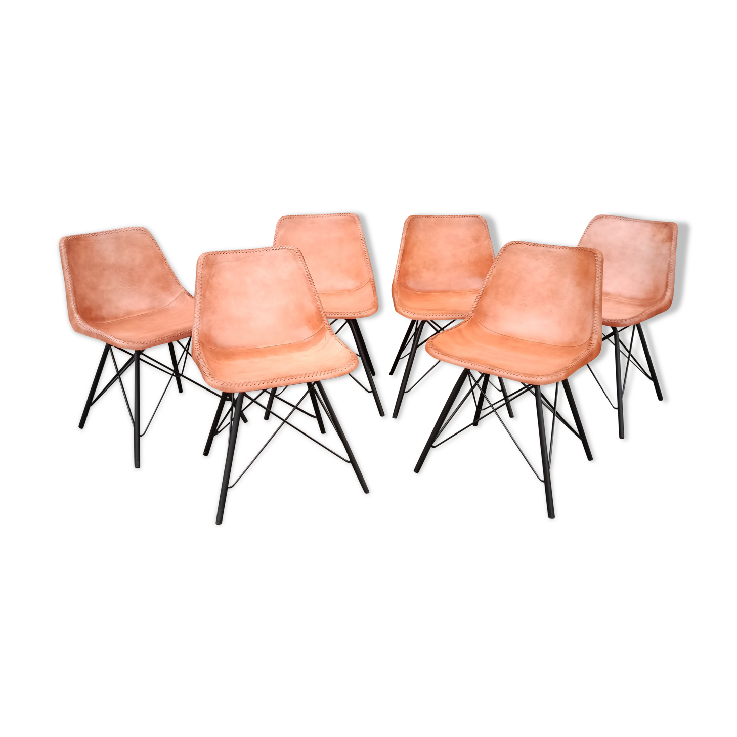 Set of 6 leather chairs with black metal frame